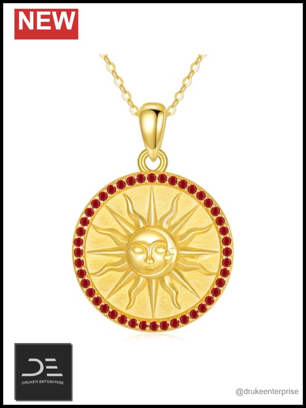 18K Gold Plated Sun Coin Necklace with January Birthstone Cubic Zirconia Pendant